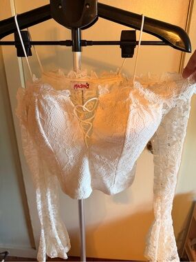 MadRag White Lace Off-Shoulder Lace-Up Crop Top
